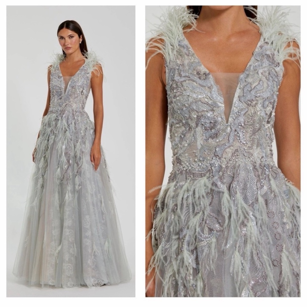 MacDuggal Seamist Feathered Embroidered Gown - Size 10